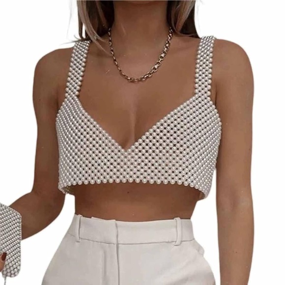 Elegant White Beaded Crop Top - Picture 1 of 6